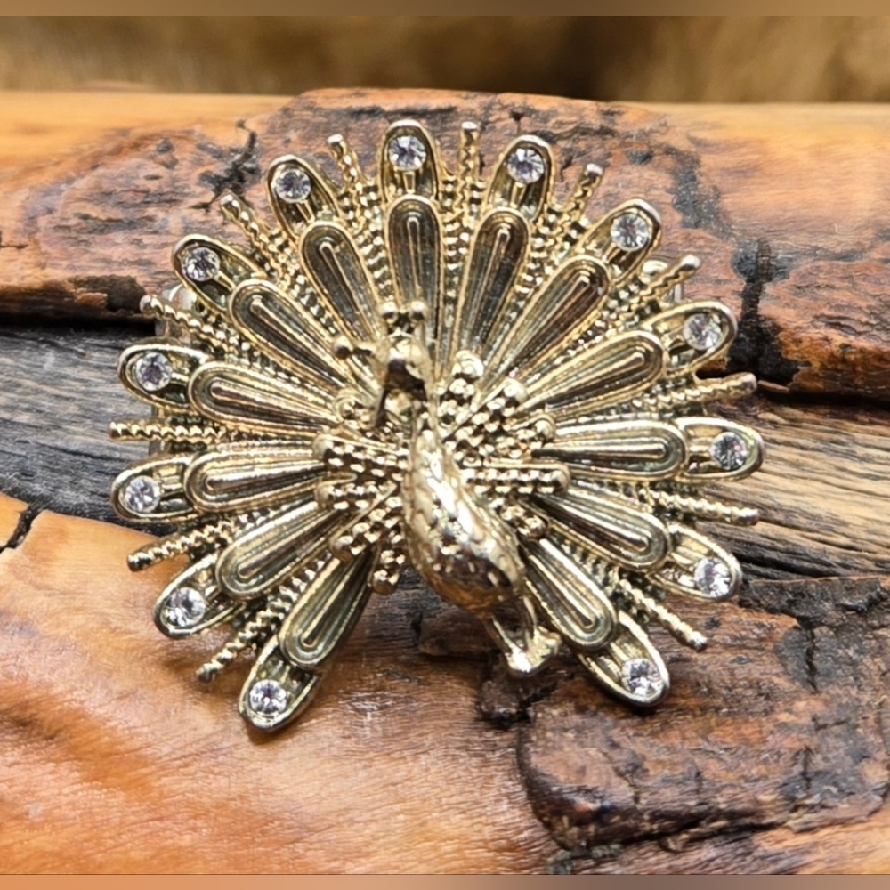 Peacock Ring Gold Tone with Clear Crystals Stretch Adjustable Size